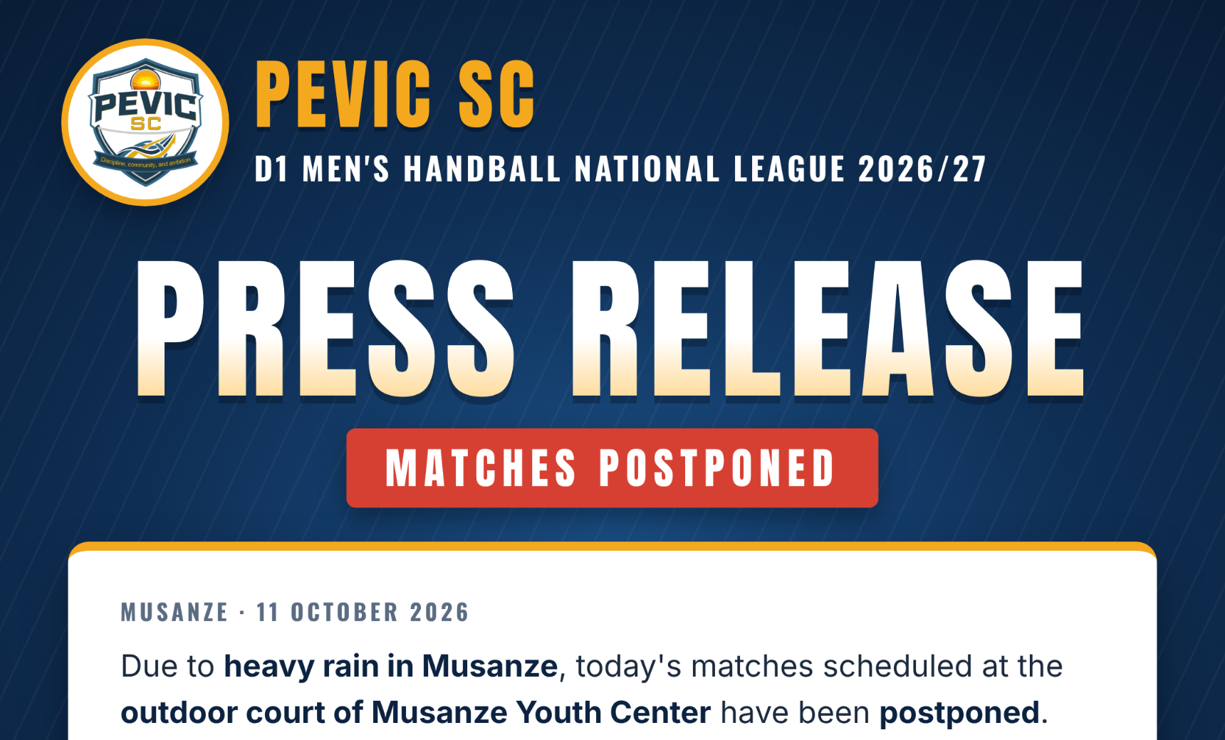 PEVIC SC Matches in Musanze Postponed Due to Heavy Rain